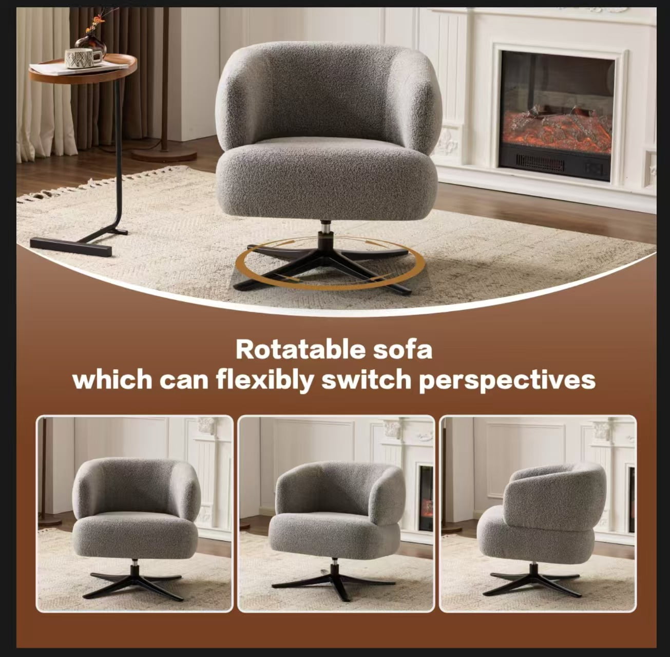 Swivel Chair, Accent Chair, Leisure Sofa With 360 Rotation Linen Fabric Thick Cushion For Living Room Balcony Study, Grey Curved Armrest Sofa Chair