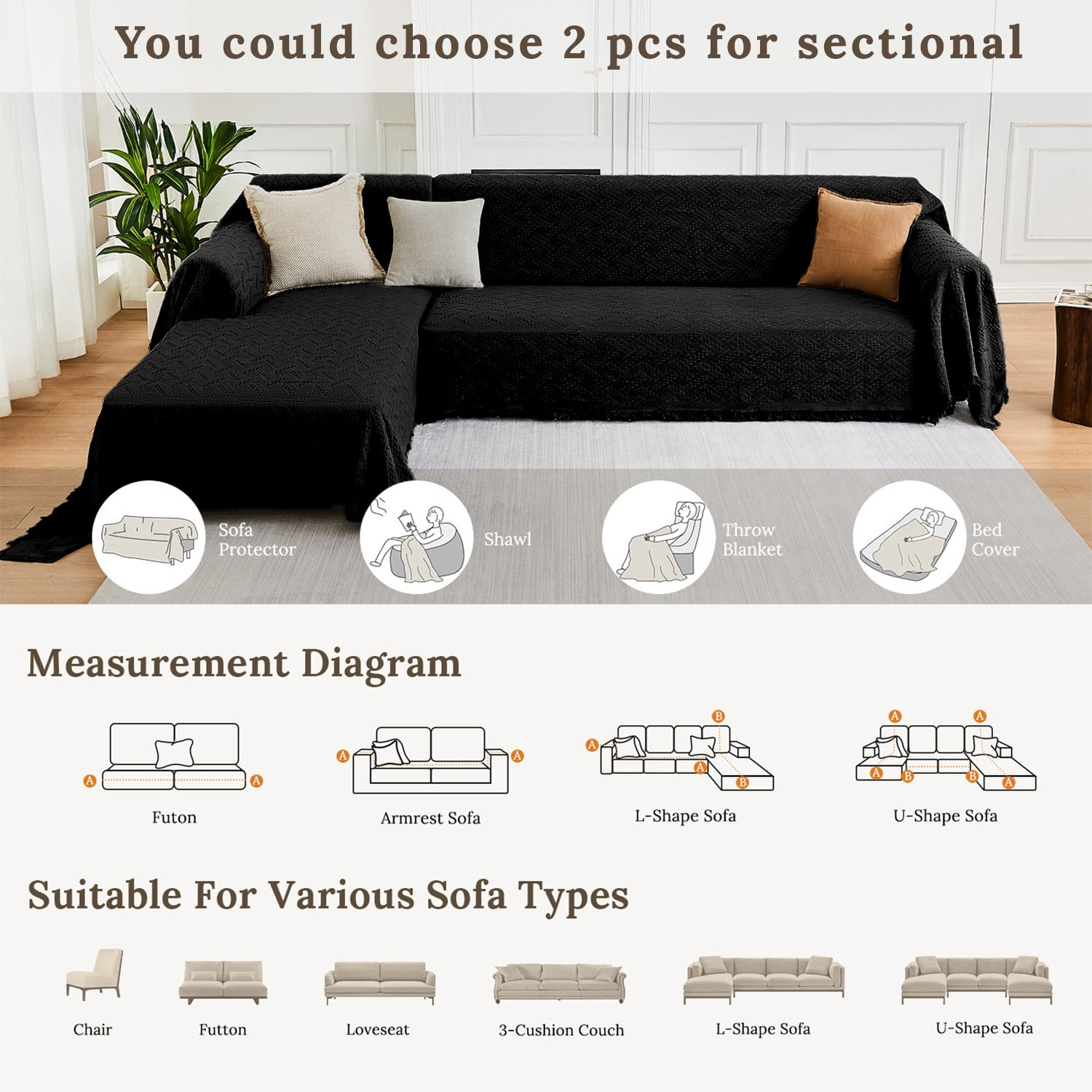 Sanmadrola Couch Cover for 3 Cushion Couch Sofa Cover Sectional L-Shape Sofa Cover for Dog Sofa Slipcover Washable Reversible Sofa Protector 71''x118''+ 71''x 134'' Black 2 Piece