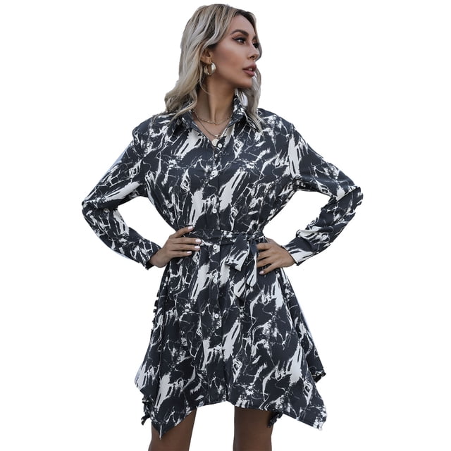 Vestido con estampado teñido anudado, manga larga, solapa, cinturilla con un solo pecho, vestido de moda para mujer