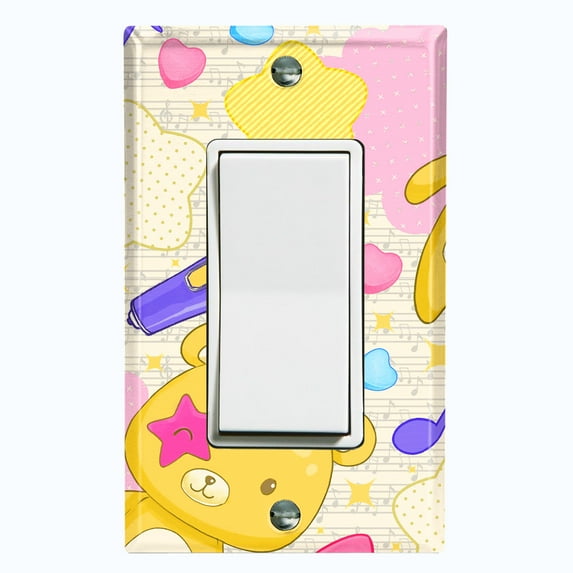 Metal Light Switch Wall Plate Outlet Cover (Yellow Teddy Bear Karaoke Hearts Music Bow - Single Rocker)