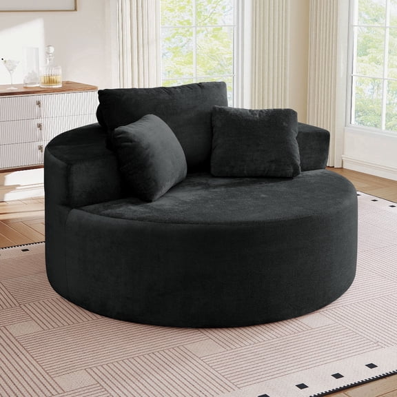 Muumblus Oversized Round Lounge Chaise Chair Indoor,Boneless Cloud Couch with 3 Pillows, No Assembly Required, Modern Accent Chair for Living Room, Black Chenille