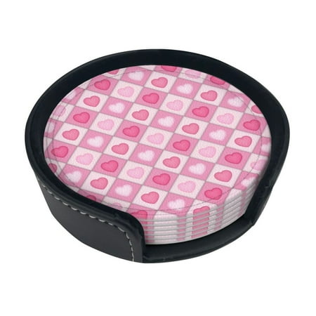 

Round Pu Leather Coaster Pink Heart Background Heat - Resistant Beverage Cup Mat-Fancy Decor For Kitchen Office Dining Room Table - Drink Protector 6-Slice