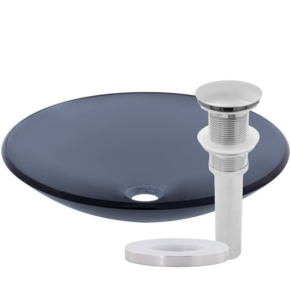 Novatto TIS-316GBN COETANEO Clear Slate Grey Low Profile Glass Vessel Bath Sink with Brushed Nickel Pop-Up Drain, Mounting Ring
