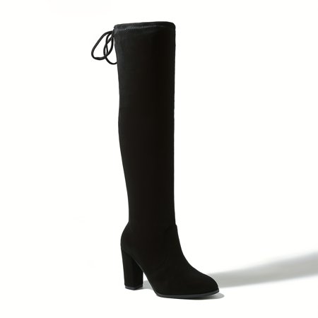 

KINODAY Block Heeled Knee High Boots - Fashionable Pointed Toe Lace Up Stretchy Winter Boots