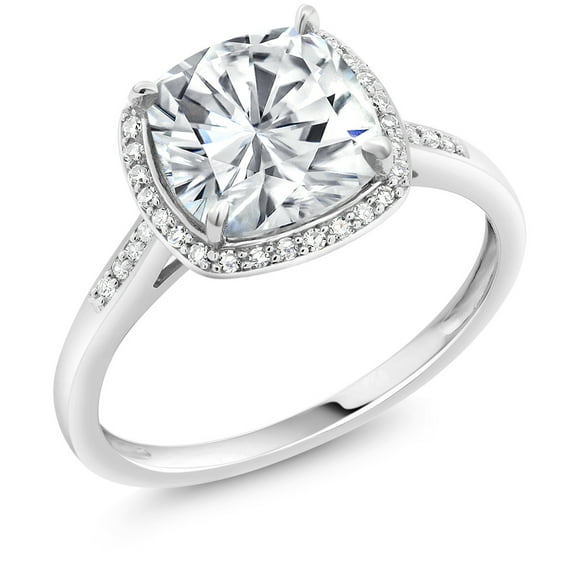 Gem Stone King 2.50 Cttw 10K White Gold Forever One Charles & Colvard Moissanite and Diamond Accent Women Halo Engagement Ring | Cushion Cut 8MM (Size 7)