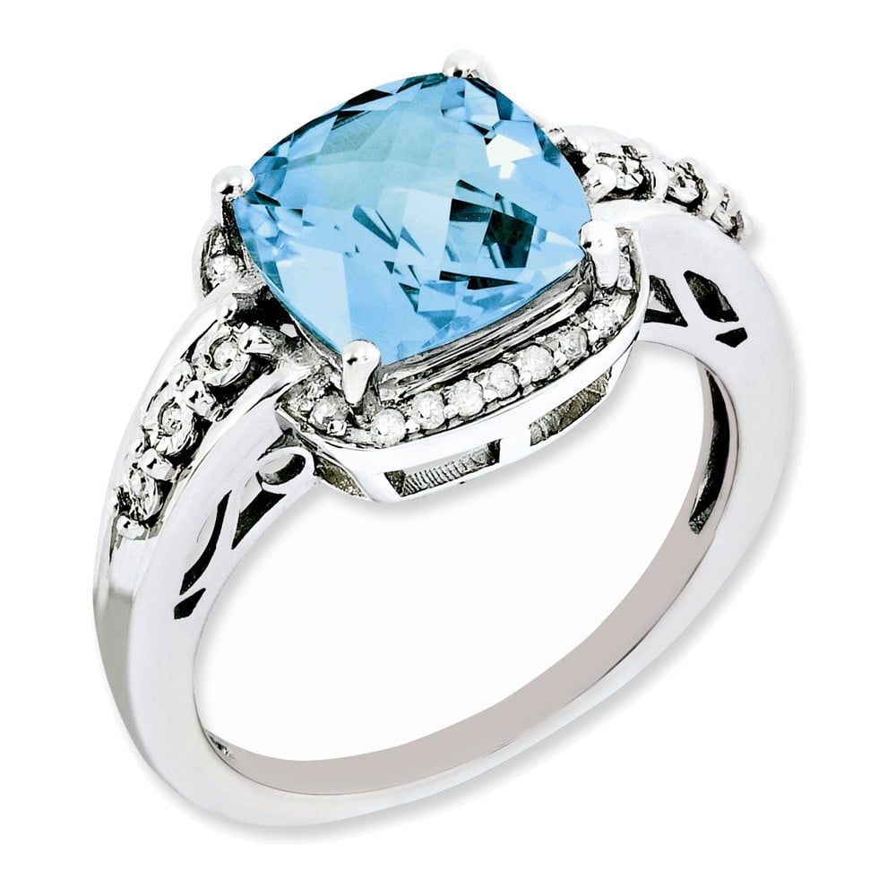 Sterling Silver Diamond & Checker-Cut Blue Topaz Ring Size 8 by