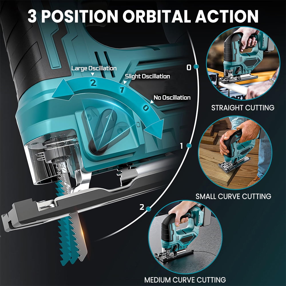 Cordless Jig Saw 21V, Electric Jigsaw Tool with tow 10× 1300mAh Batteries, 2700RPM Variable Speed for Wood Cutting, 0°-45° Bevel Cuts, LED Light, 3 Orbital Settings for Straight/Curve/Circle Cutting