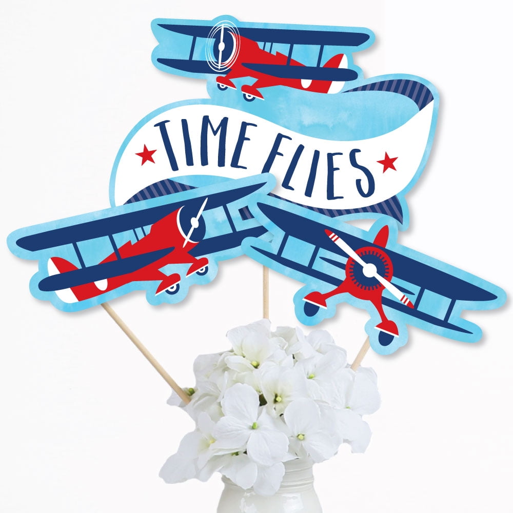 Taking Flight - Airplane - Vintage Plane Baby Shower or Birthday Party Centerpiece Sticks - Table Toppers - Set of 15