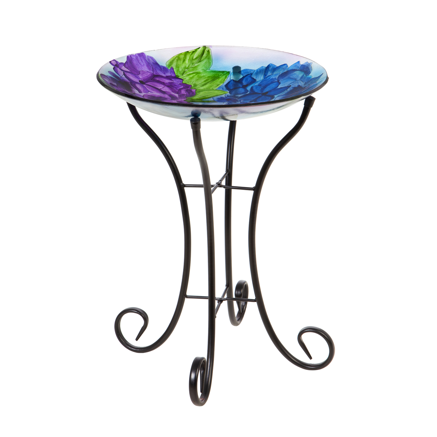 16" Glass Bird Bath w/Stand, Blooming Hydrangea
