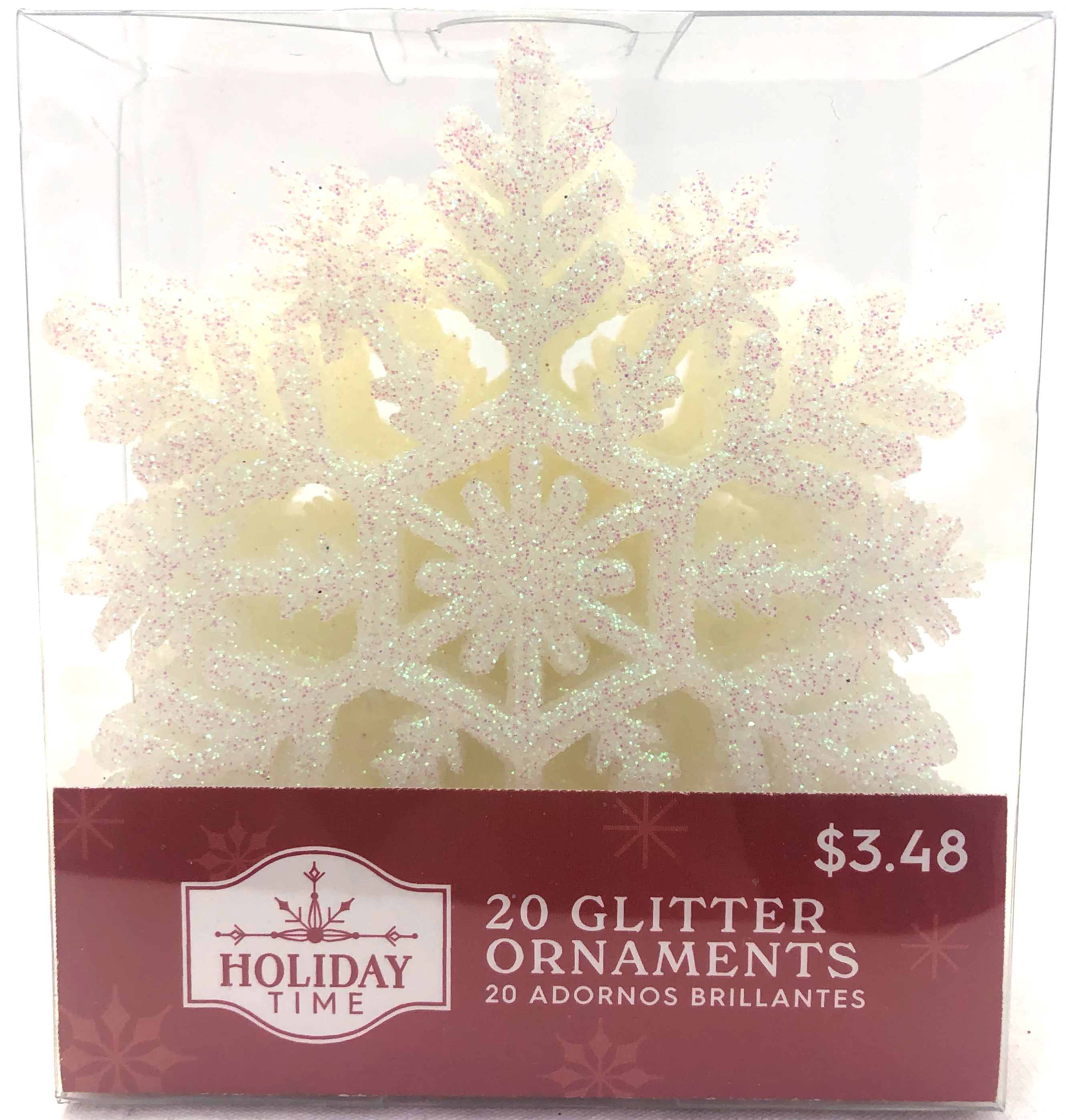Holiday Time White Glitter Snowflake Christmas Ornaments, 20 Count