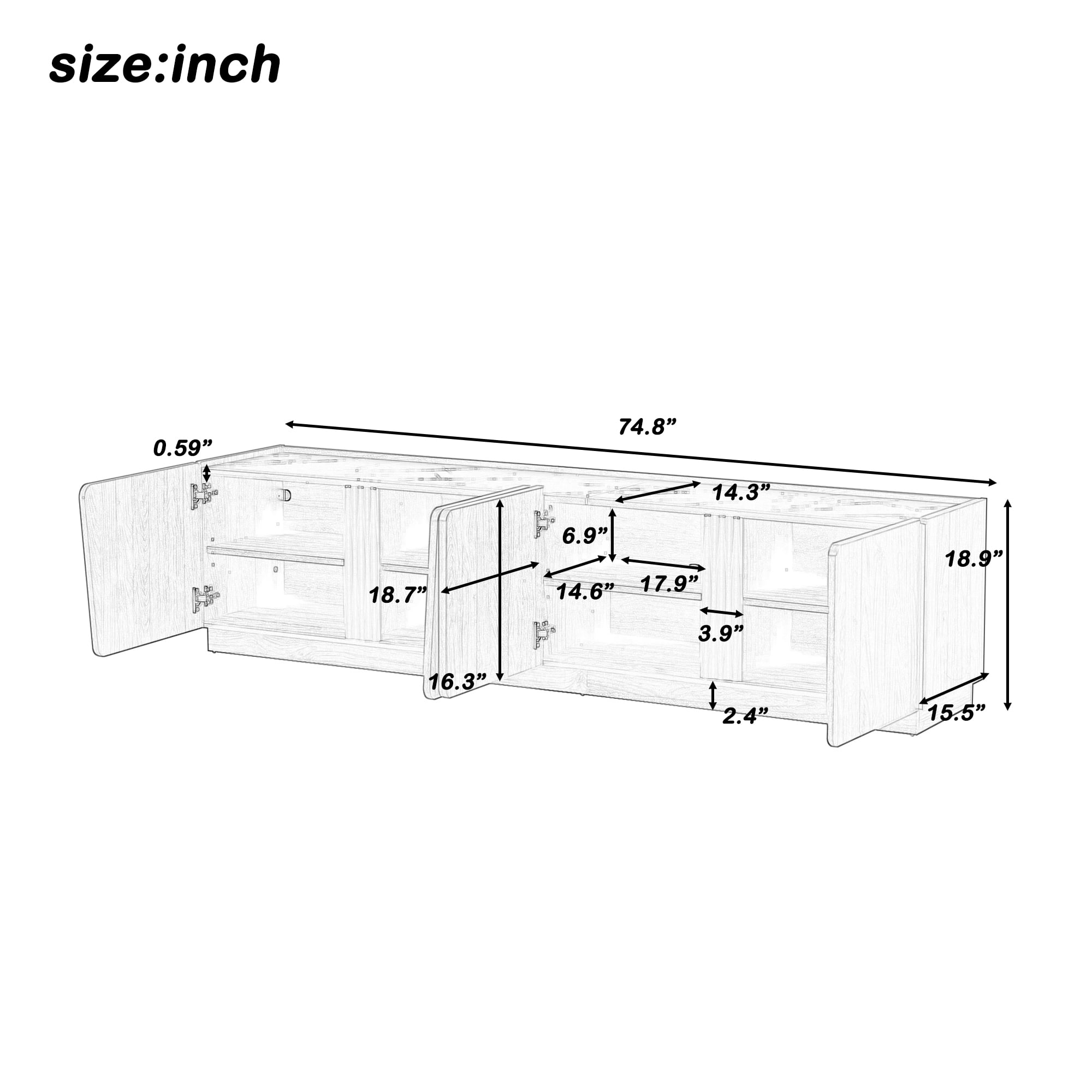 Modern Storage Cabinet with Rounded Corners and Marble Contrast Top, 75-Inch TV Stand with Adjustable Shelves for Living Room, Oak