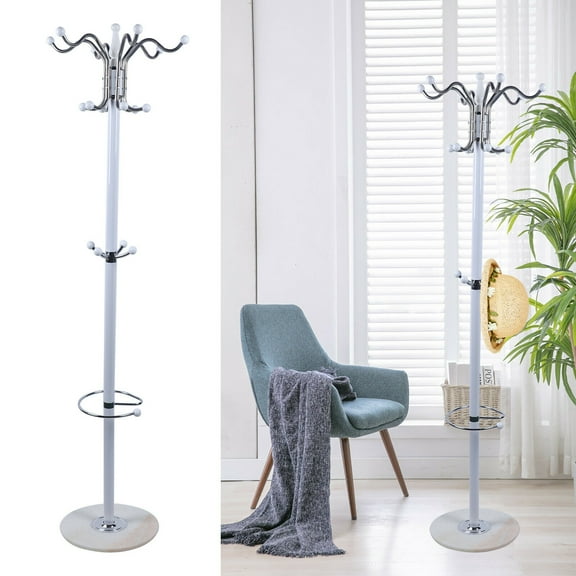 16-Hook White Metal Coat Rack Tree Stand Clothes Hat Bag Hanger Umbrella Holder for Hallways, Bedrooms