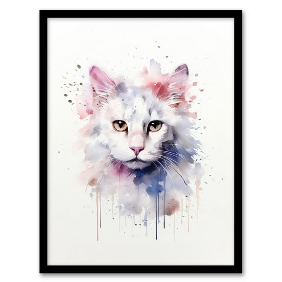 Pure White Cat Lovers Gift Watercolour Pet Portrait Painting Artwork Art Print Framed Poster Wall Decor 12x16 inch
