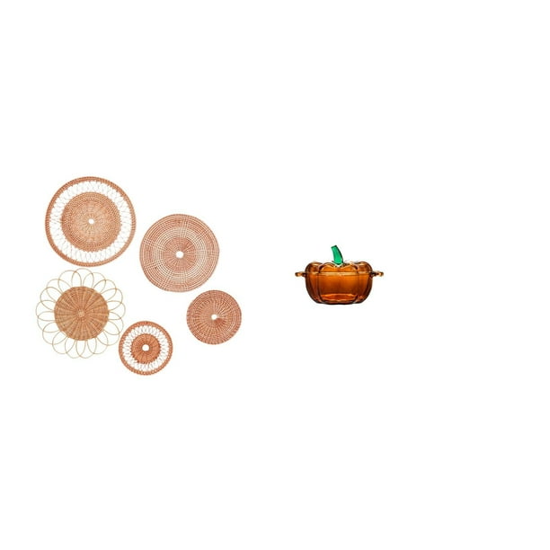Adornos decorativos de pared de ratán tejido y dulcero de cristal con forma de calabaza para salón de té, pasillo, dormitorio, porche o cafetería.