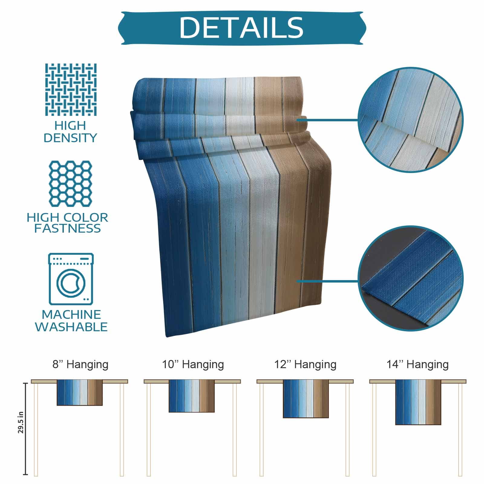 Blue Brown Cotton Linen Table Runner for Dining Kitchen, Gradient Wood Grain Farmhouse Country Wedding Outdoor Party Tablerunners Decoration, Dresser Scarf Coffee Tablecloth Runners 13x48 Inches