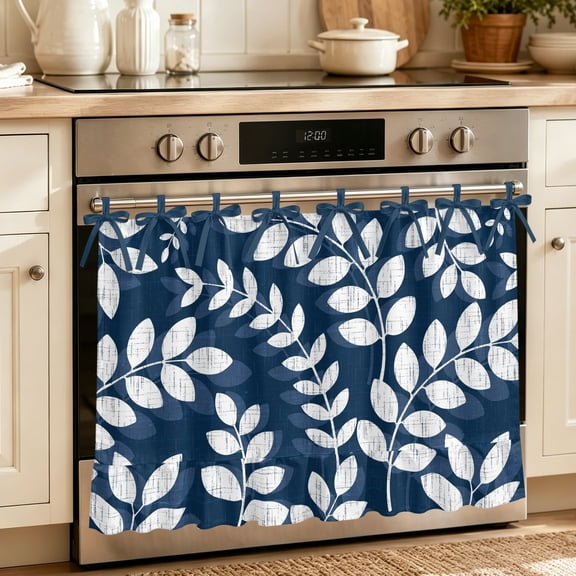 Navy Blue Leaves Oven Skirt for Farmhouse Kitchen Décor, Farmhouse Botanical Branch Vintage Boho Leaf Oven Curtain Tie Top Decorative Stove Skirt, Cabinet Dish Washer Curtains 8 Ribbon Ties 32"x24"