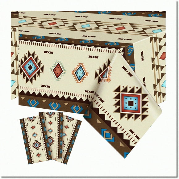 Party Perfect Plastic Tablecloth Set - Waterproof Table Covers for Birthdays & Events - Aztec Design - 3 Pack, 86.61 x 51.18 Inch