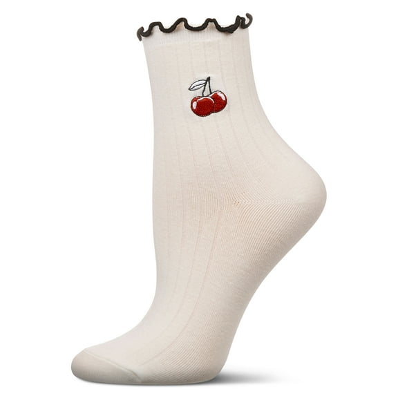 MeMoi Women's Cherry Applique Cotton Blend Fashion Crew Sock - Womens - Female, 9-11, Ivory