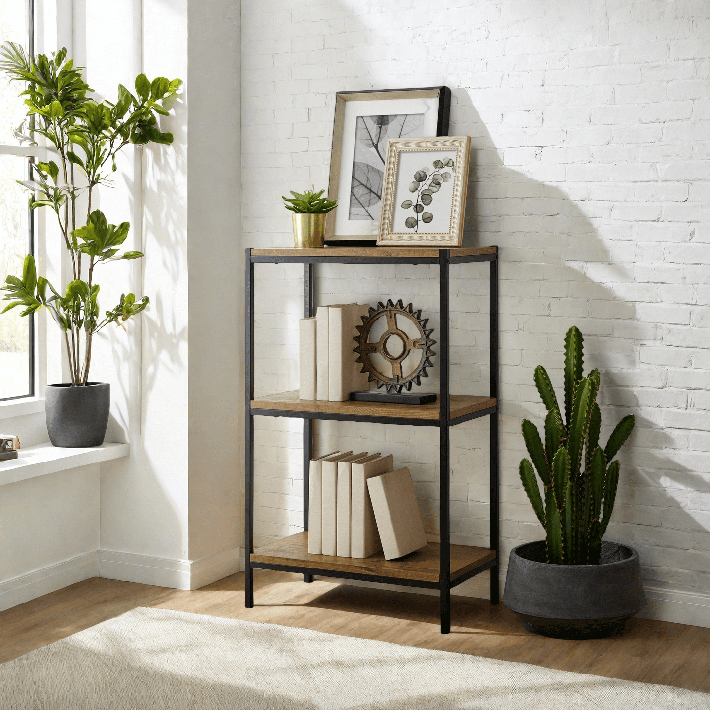 Caffoz 3-Tier Transitional Wood Bookshelf with Open Shelves in Oak Brown