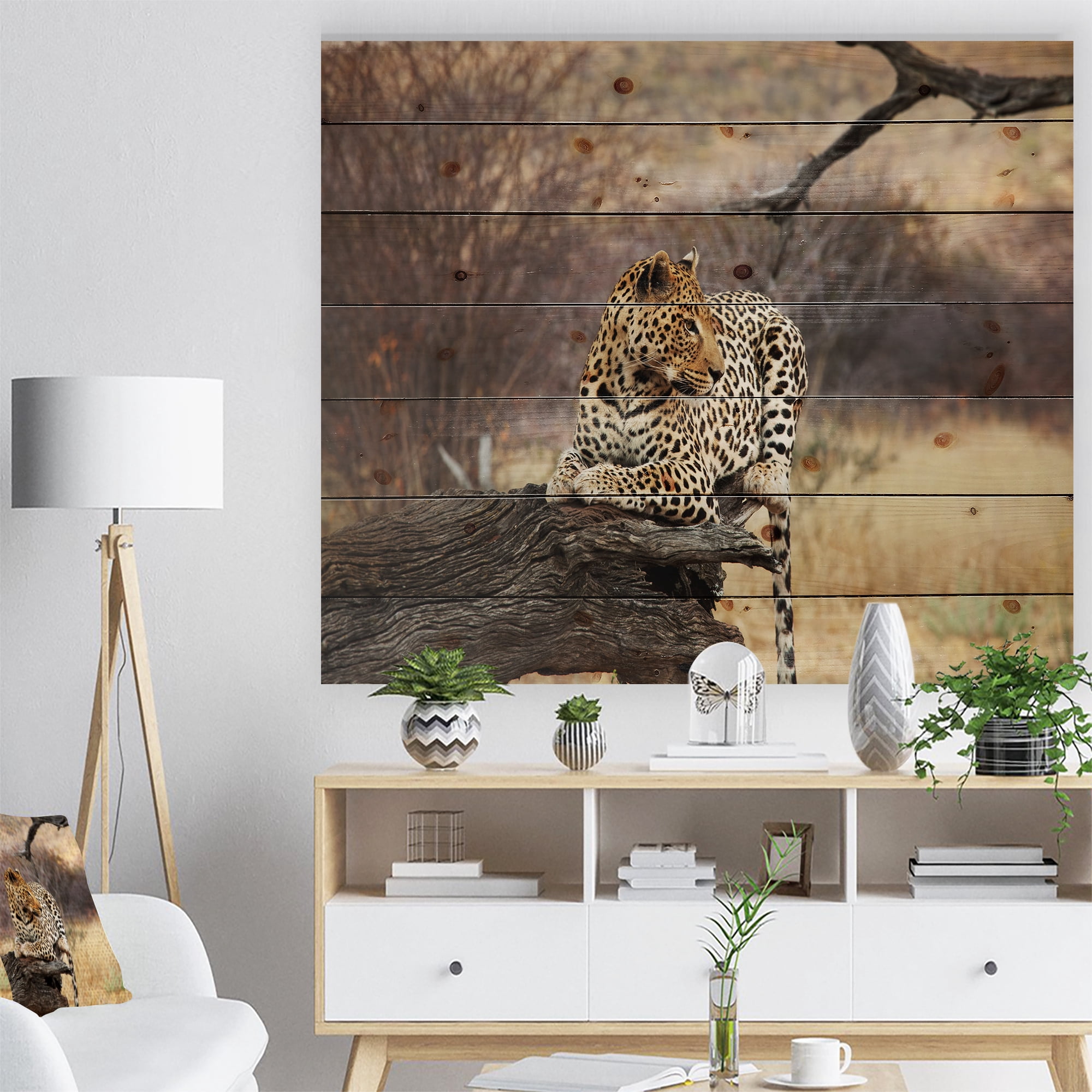 Designart 'Leopard Sitting on Tree Trunk' African Print on Natural Pine Wood