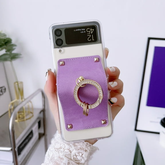 Clear Case for Samsung Galaxy Z Flip 3, Transparent PU Leather Back Shockproof Anti-Drop Folding Protective Case with Metal Diamond Ring Hinge Coverage Case for Samsung Galaxy Z Flip 3 6.7 Inch,Purple