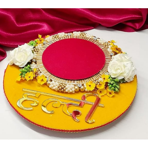 Handcrafted Round Haldi Platter Thali for Wedding, Shaadi, Bride-Groom Ceremony, Decorative Tray for Haldi Function, Marriage Gift, Handmade Bridesmaid Mehndi Décor