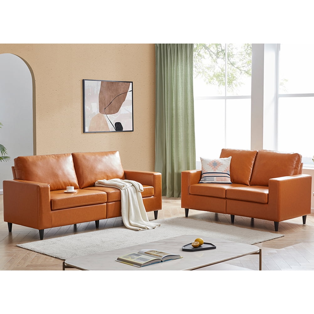 Modern 2 Piece Skin-Friendly PU Leather Sectional Sofa Couch, Include 3 Seaters Upholstered Sofa & Loveseat with Tufted Back Cushions for Living Room Furniture Set, Orange Modern 2 Piece Skin-Friendly PU Leather Sectional Sofa Couch, Include 3 Seaters Upholstered Sofa & Loveseat with Tufted Back Cushions for Living Room Furniture Set, Orange