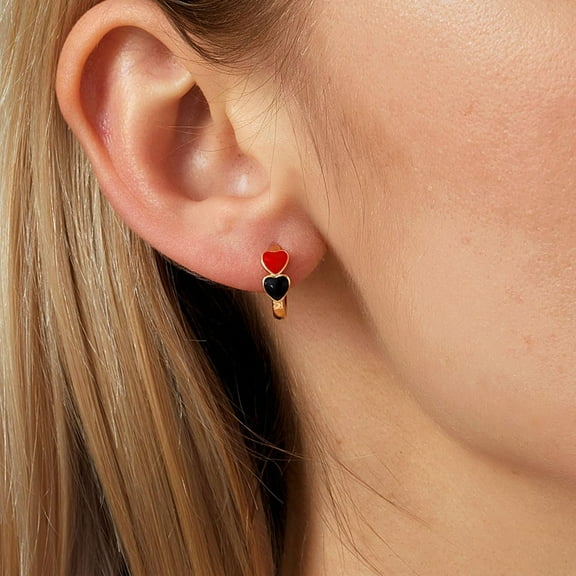 1Pair Red Heart Hoop Earrings 18K Gold Plated Brass Enamel Fashion Geometric 12mm for Women Red