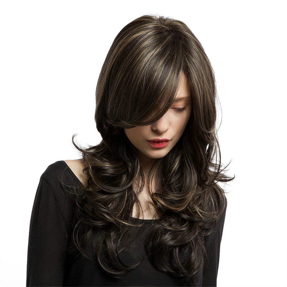 Perruque Synthétique Longue Brune Foncée – À Frange Lisse – Raide – Neuve