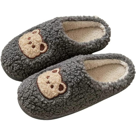 

PIKADINGNIS Women Men Fluffy Fur House Slippers Cute Bear Furry Warm Soft Winter Shoes Indoor 2 Heel Types