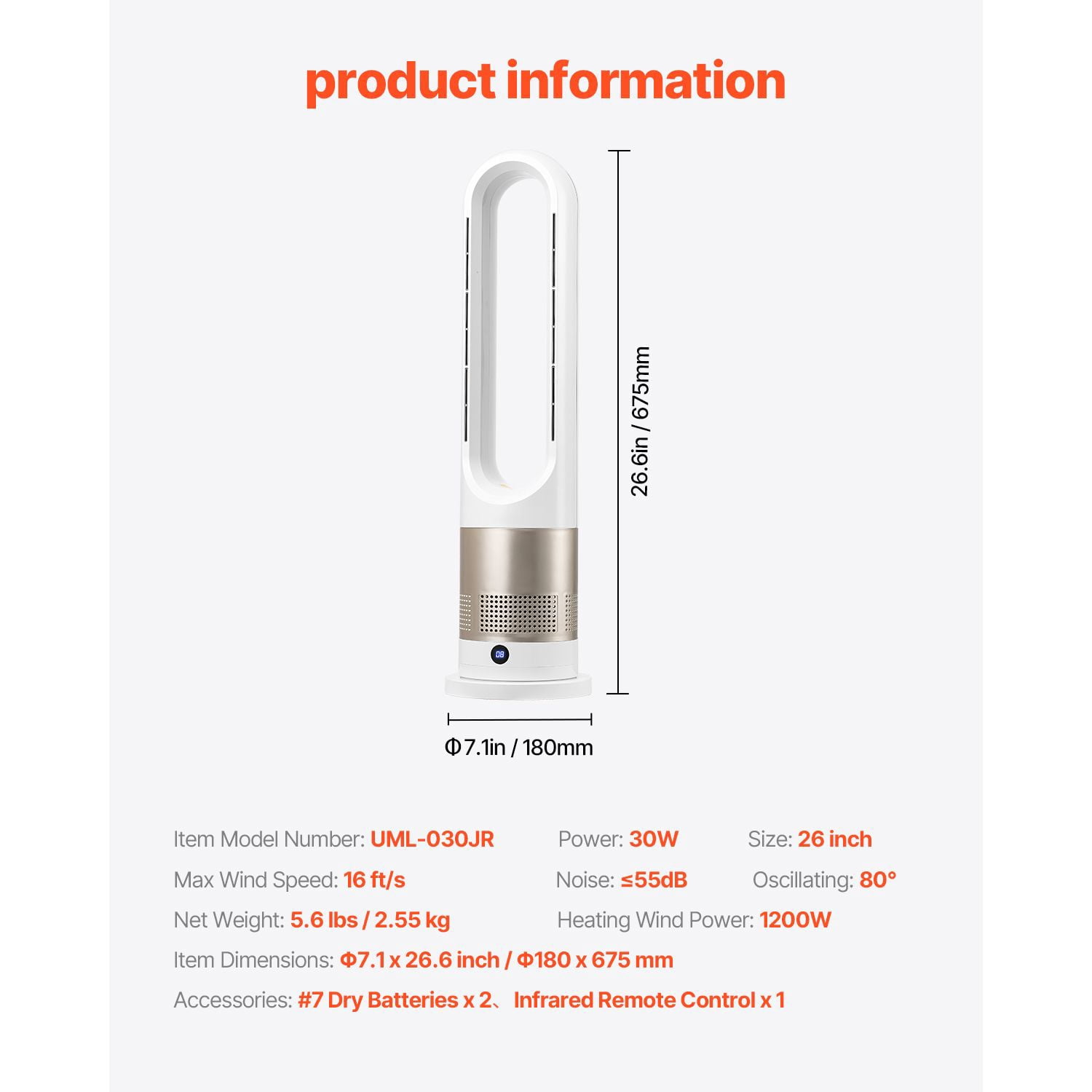 Bladeless Tower Fan with 8 Speeds, 3 Heat Levels, 80° Oscillation, 9H Timer, Remote Control, for Bedroom Office Home