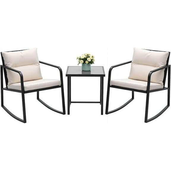RONG-3 3 Piece Rocking Bistro Set Wicker Patio Outdoor Furniture Porch Chairs Conversation Sets with Glass Coffee Table，Beige