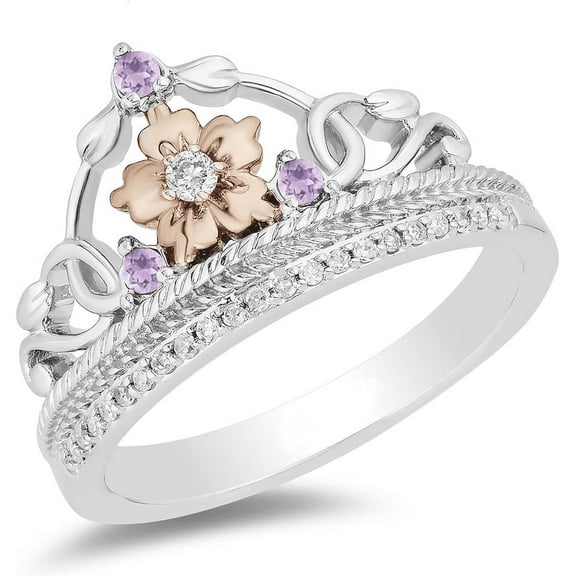 Natural Amethyst & Diamond Ring in sterling Silver - Tiara Crown Ring - Gift For Mum
