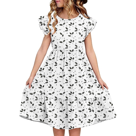 hengsof Girls Layered Cute Ruffle Sleeve Summer Dress, Kids Fashion Printed Pattern Waisted Round Neck Sweet Dress, Comfortable Everyday Dress