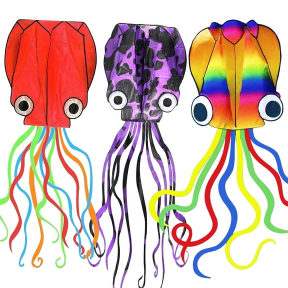 Syenll 3 pack Large Octopus Kites, Long Tail Beach Kites Games with 100 M Kite String for Kids and Adults (Red Purple Colorful)