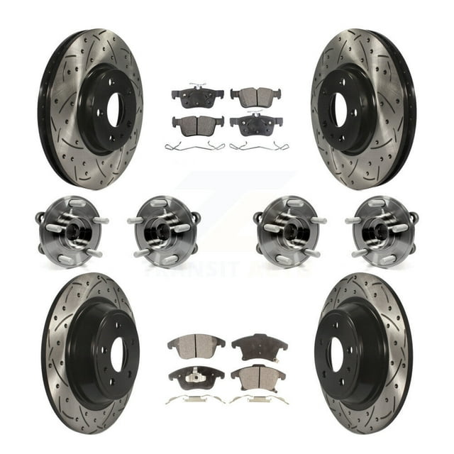 Transit Auto Front Rear Hub Bearings Assembly Coated Disc Brake Rotors and Semi-Metallic Pads Kit (10Pc) for Car Ford Fusion - Left Right Side (Driver Passenger) KBB-110849