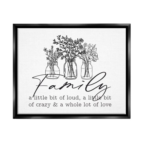 Stupell Industries Heartwarming Family Phrase Botanical Blossoms Bouquets Graphic Art Jet Black Floating Framed Canvas Print Wall Art, Design by Lettered and Lined