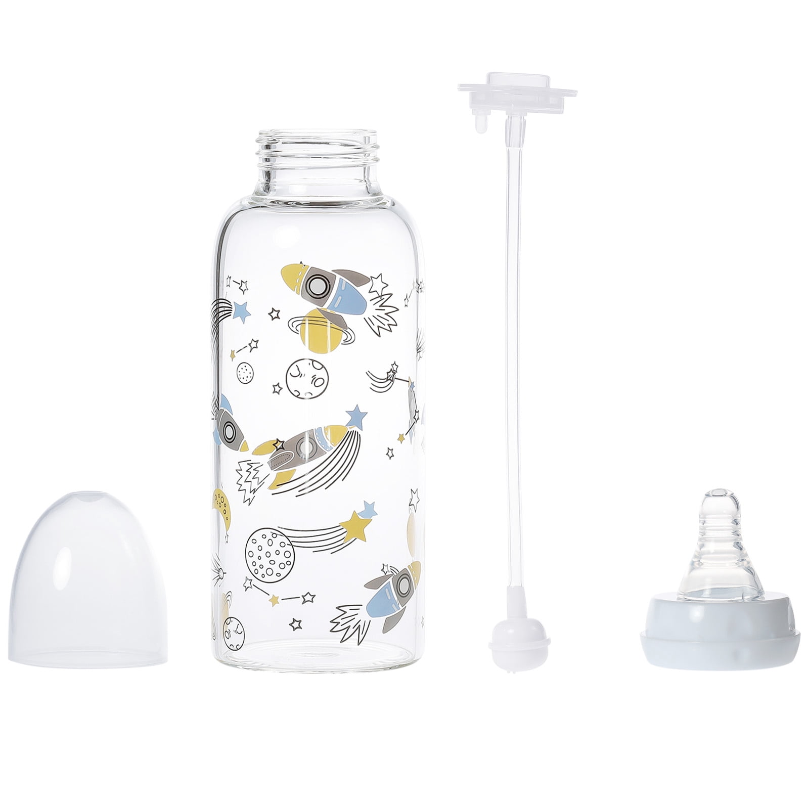 CutiePlusU Adult Glass Feeding Bottle Cute Printed Large Size Baby Bottles 13.5Oz/400ML Cosmic Adventurer