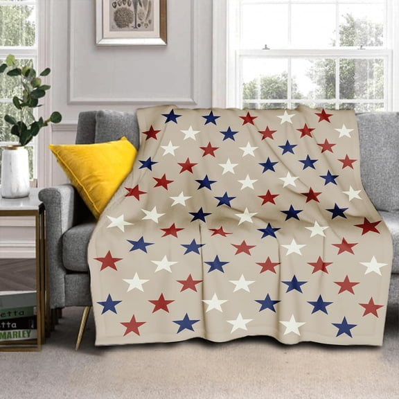 Patriotic 4th of July Blue Red White Star Throw Blanket 80"x60" Memorial Independence Day Print Blanket Lightweight Blanket Farmhouse Seasonal Holiday Themed Decor for Home Living Room Sofa Couch Bed