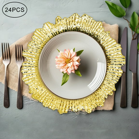 24 PCS Round Plastic Plates, 13" Gold Plates with Textured Coral Reef Design for Wedding Party Decor