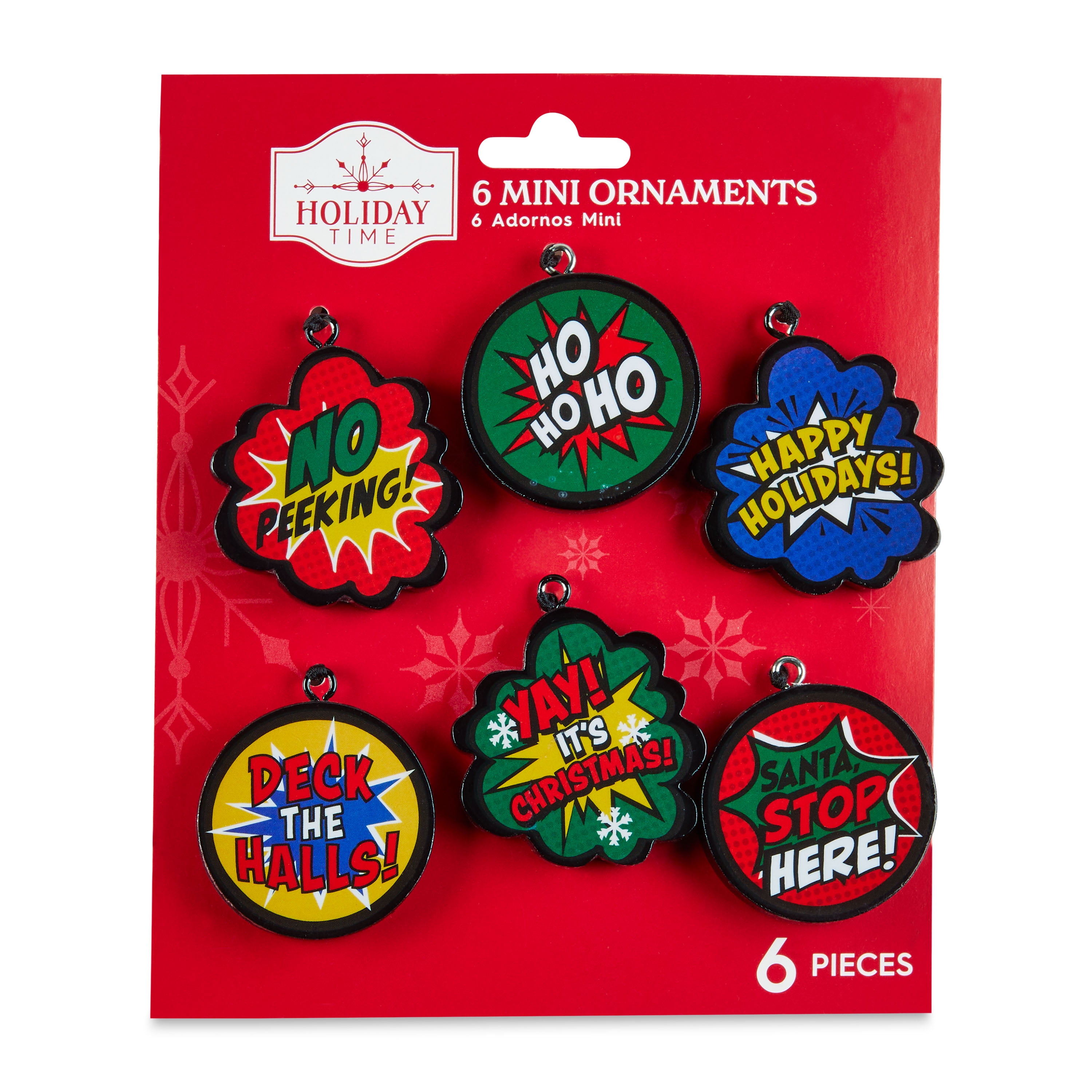 Holiday Time Christmas Tree Mini Ornaments, Superhero Phrases, 6 Count