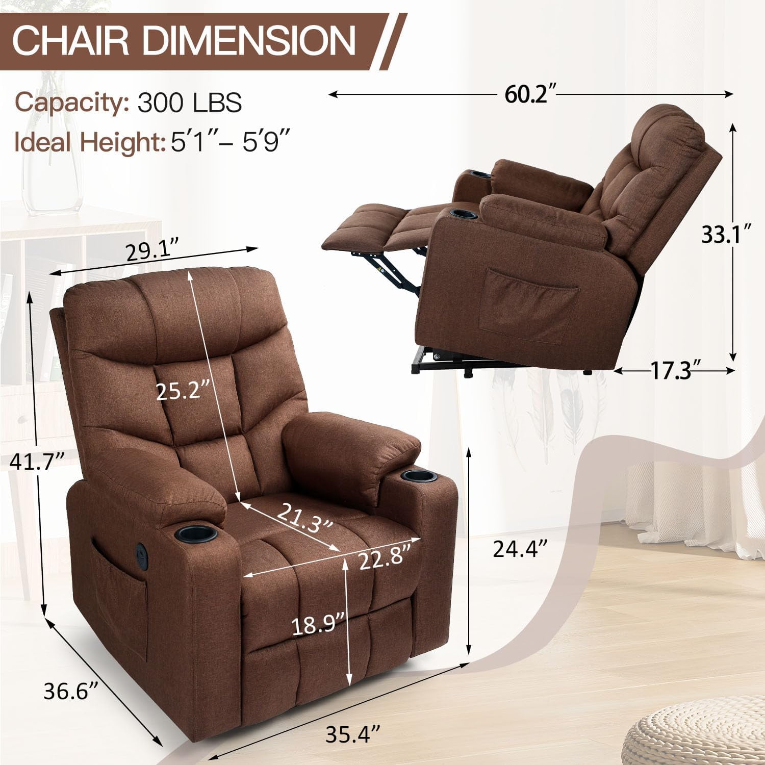 YODOLLA Large Power Lift Recliner for Elderly, Heavy Duty Electric Lift Chair with Heated Vibration Massage in Clay, Brown