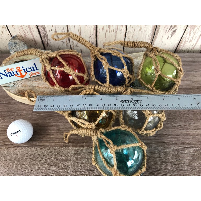 6 - 3 Glass Fishing Floats- Nautical Coastal Beach Fish Net Buoy Decor -  Red, Blue, Green, Amber, Clear, Aqua Ball w/ Rope Netting