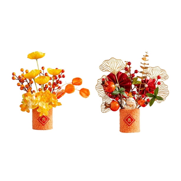 2 juegos de flores artificiales en maceta para decoración de granja, cocina, festival de Año Nuevo Estilo B 27x14x28cm Estilo C 24x20x28cm