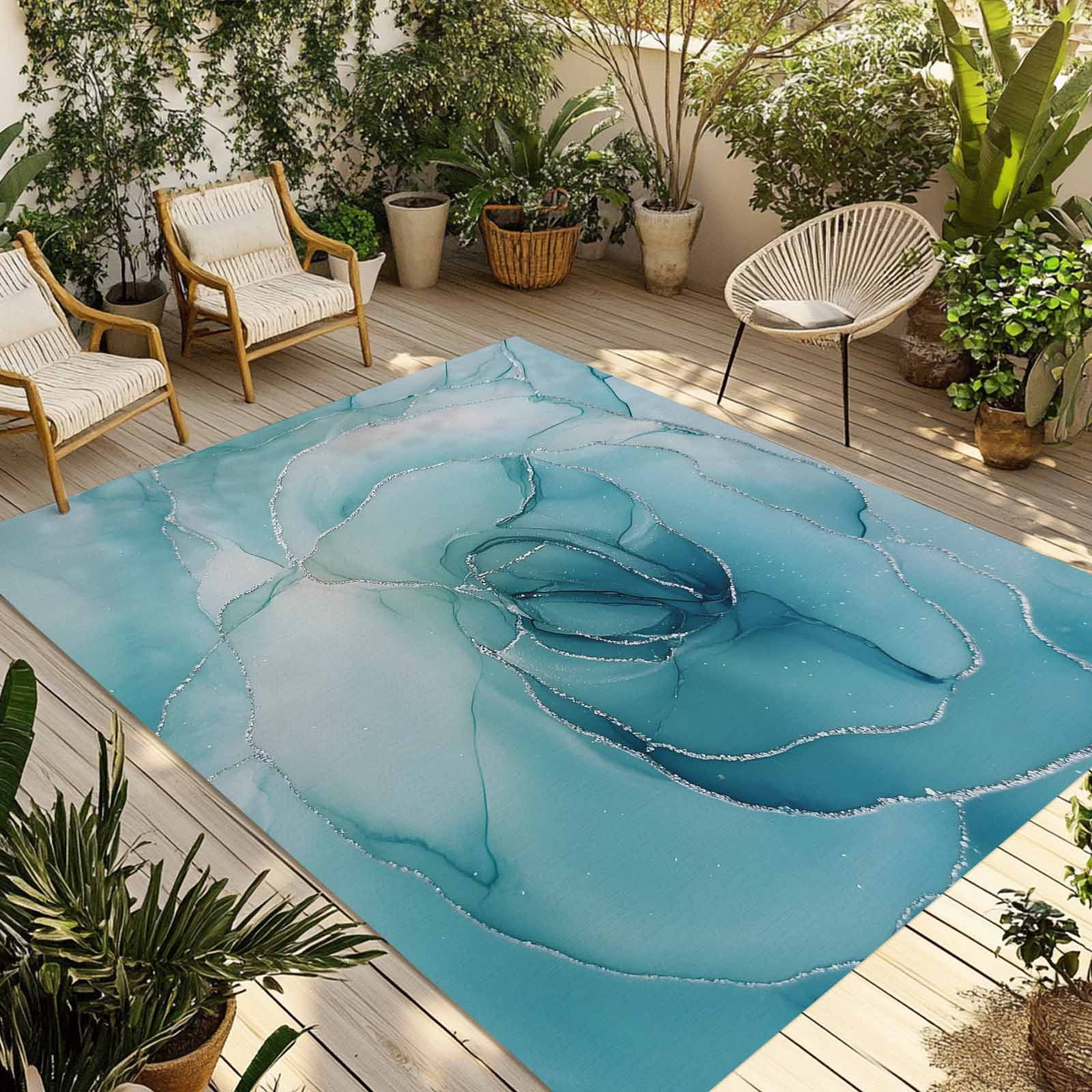 Outdoor Rug 5x8ft Abstract Ombre Blue Flowers Large Area Rug Modern Art Indoor Outdoor Carpet Outdoor Rugs Mats for Patio Camping,RV,Front Door, Outside Decor