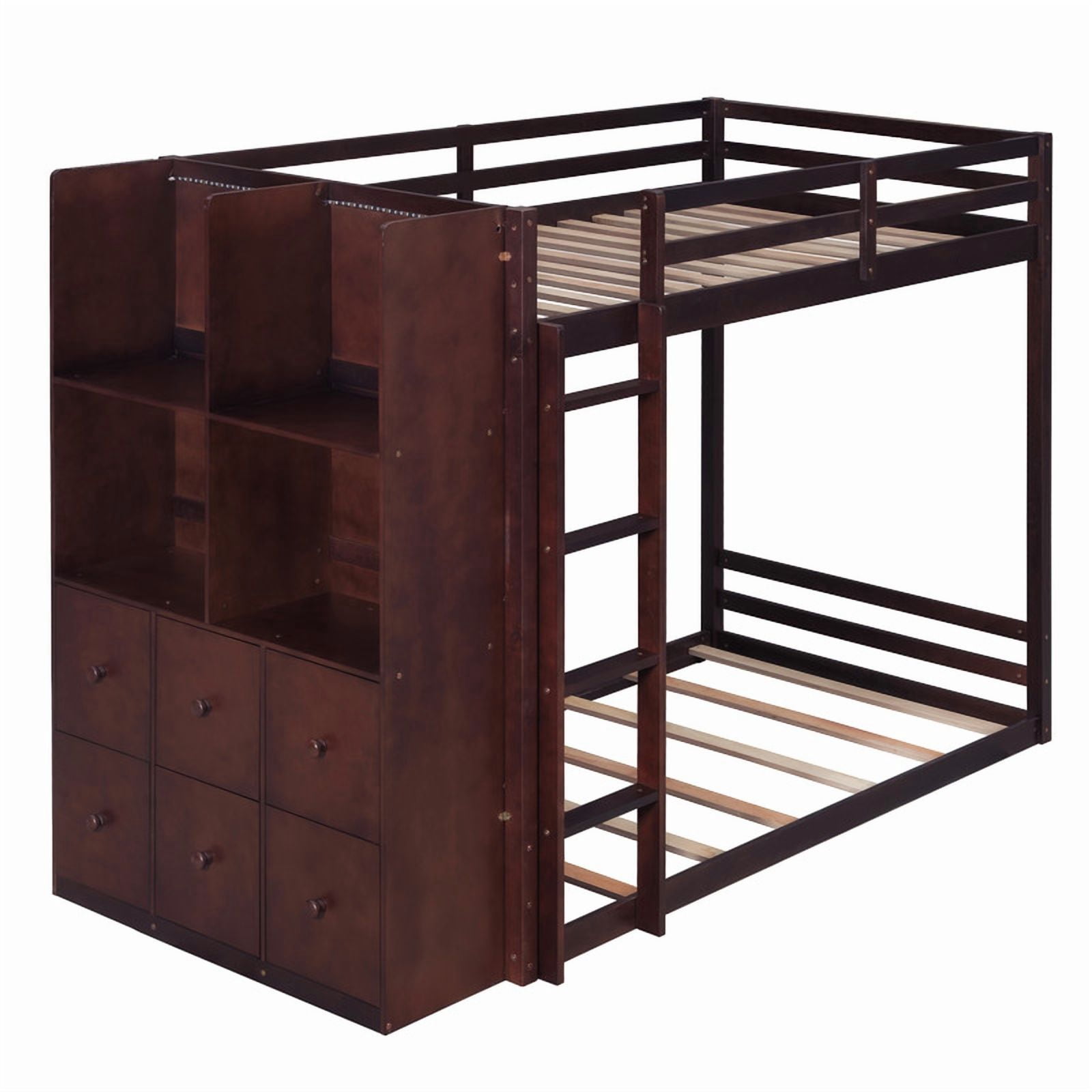 Twin Over Twin Bunk Bed with 6 Storage Drawers, 2-Tier Shelves & LED Light Strip, Reversible Wooden Bunk Bed Frame, Space-Saving Kids Bedroom Furniture