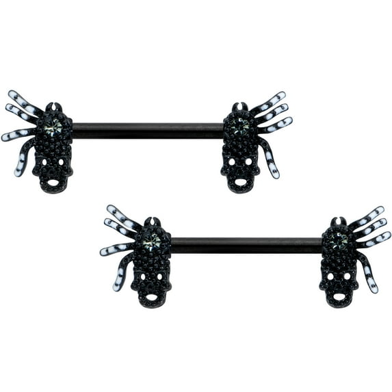 Body Candy 14G Womens Nipplerings Piercing Black PVD Steel 2Pc Skull Spider Nipple Ring Set 9/16"