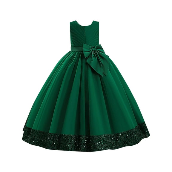 Efsteb Girls Princess Dress for Wedding Kids Prom Gowns with Bow-Knot Children's Sequin Dress Big Bow Dress (Army Green,10-11 Years)