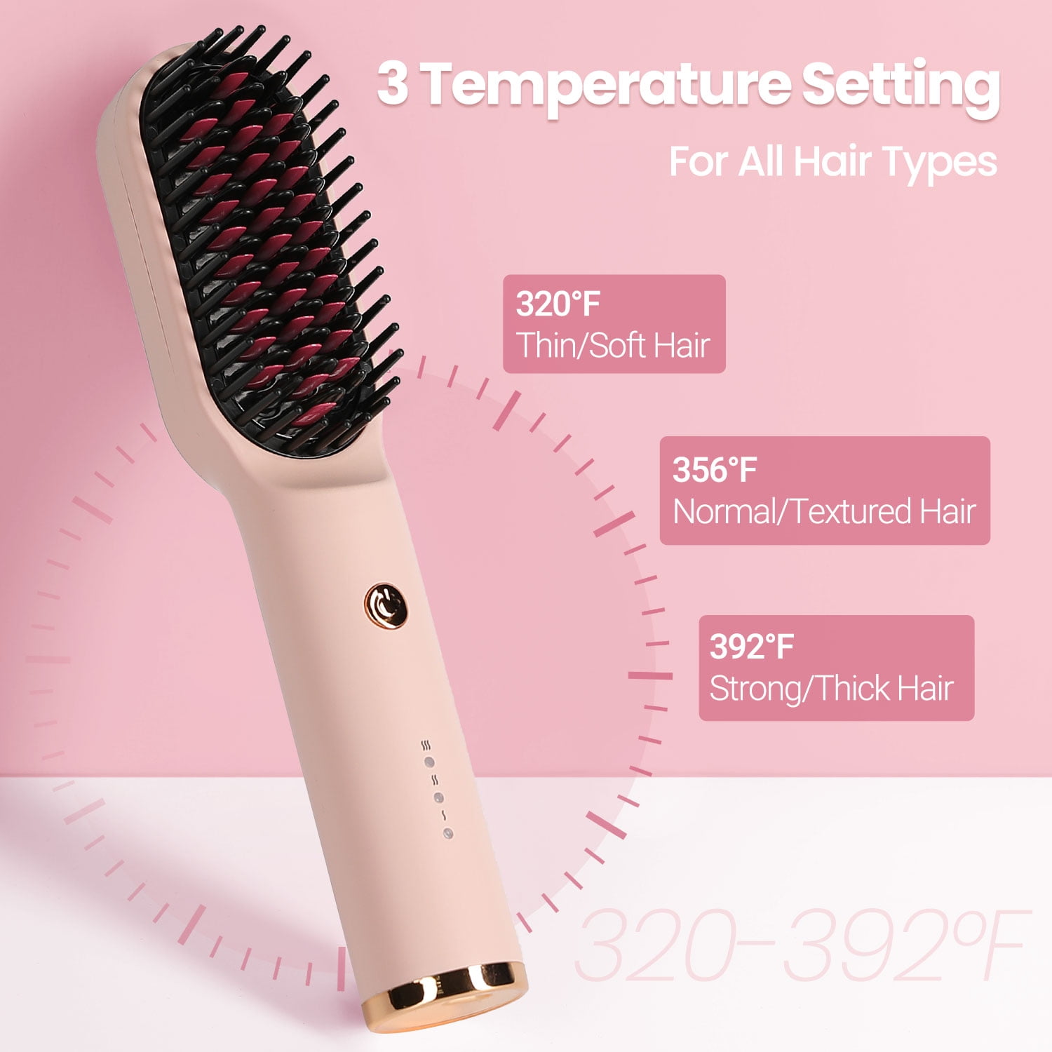 KIPOZI Hair Straightener Brush, Cordless Hair Straightener Brush Portable Hot Comb Straightener, USB Rechargeable & 3 Temp Settings & Anti-Scald, Pink