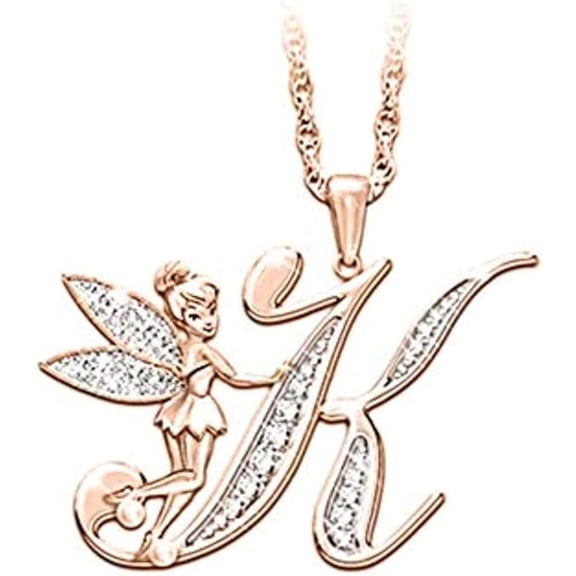 14K Rose Gold Finish Round Cut White Diamond 925 Sterling Silver Diamond Cute Elf Angele With K Initial Letter Pendant Necklace for Women
